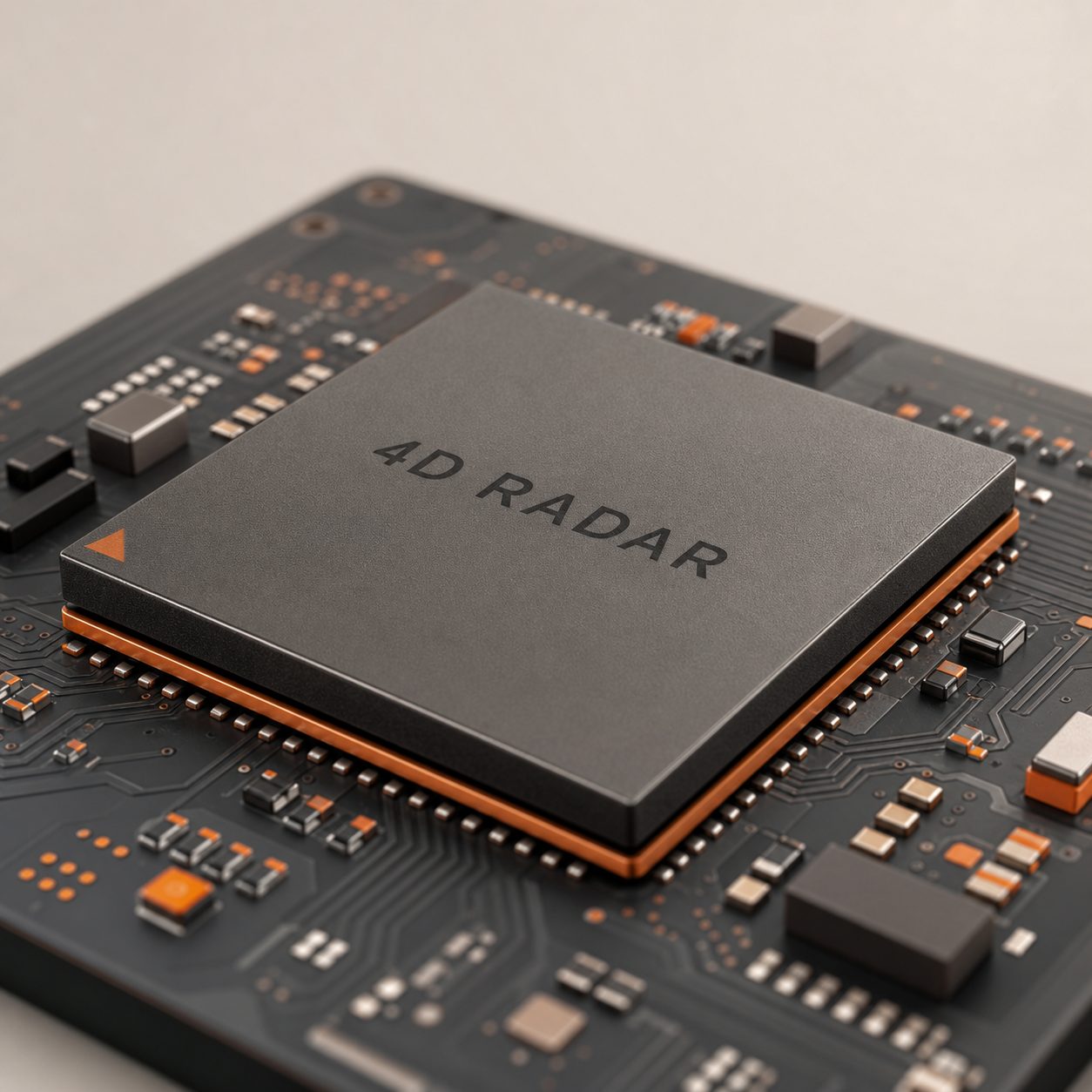 Concept rendering of an anonymous square-package chip on a PCB, matte studio light. No real logo, model number or benchmark. Concept only.