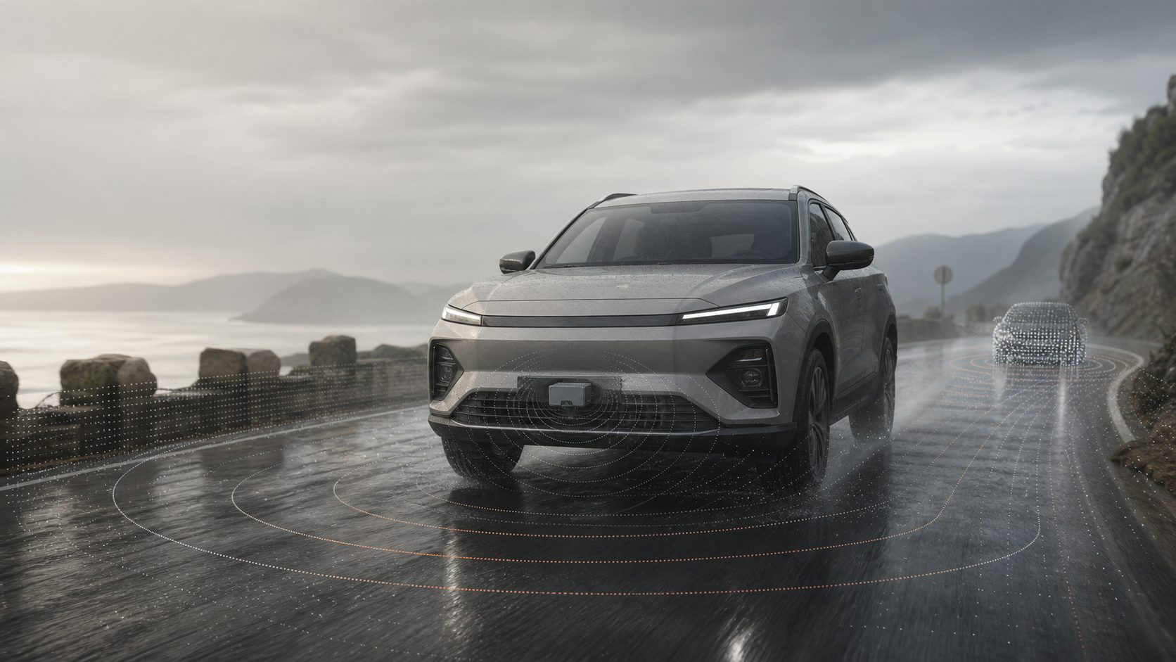 Concept rendering: a 4D imaging radar sensing an unbranded vehicle on a rain-swept road, with a restrained illustrative point cloud. Illustrative / concept only.