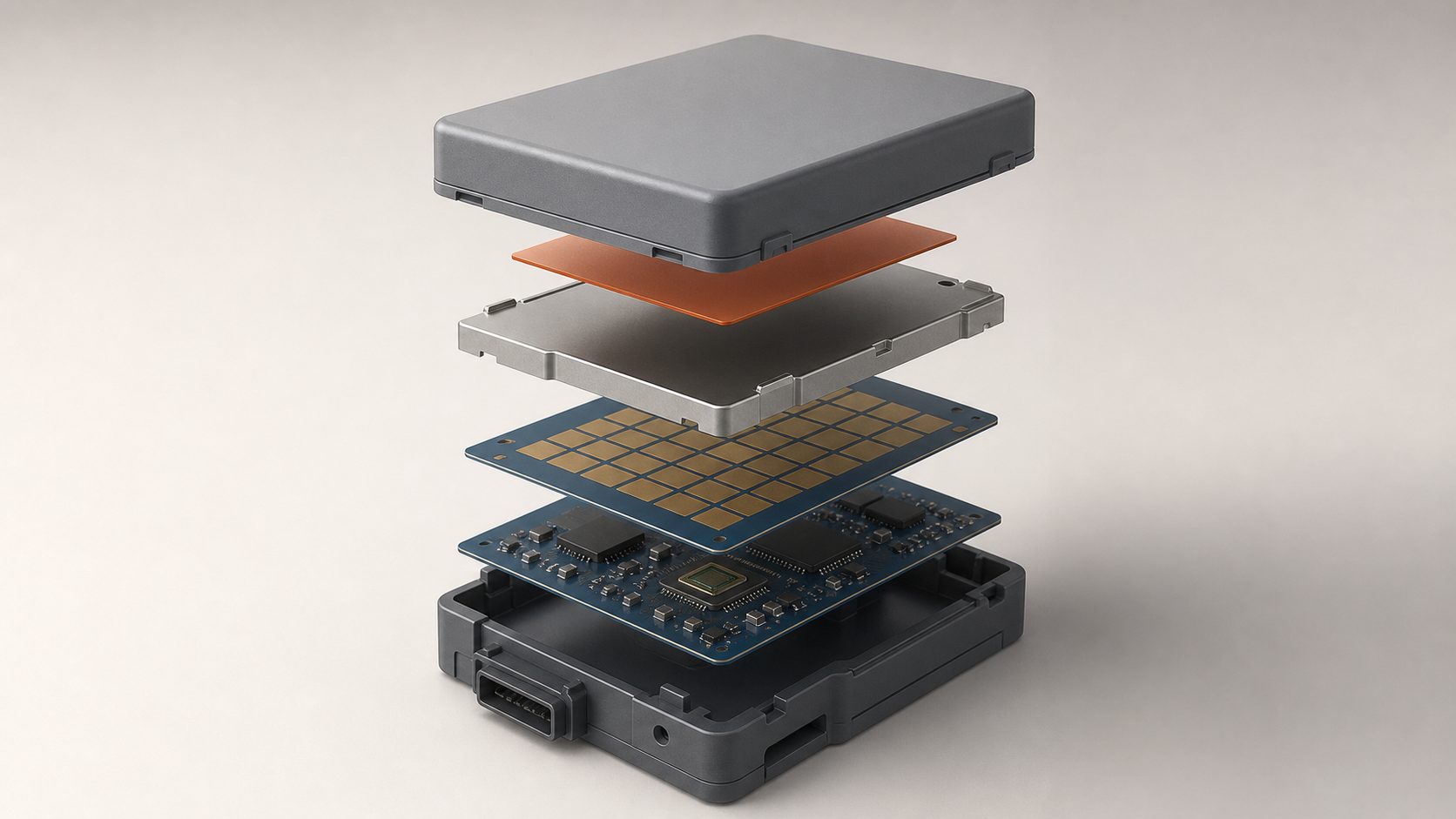Concept rendering: an anonymous radar module exploded into housing, shield, antenna-array board and processing PCB layers. No brand, model or specification shown. Concept only.
