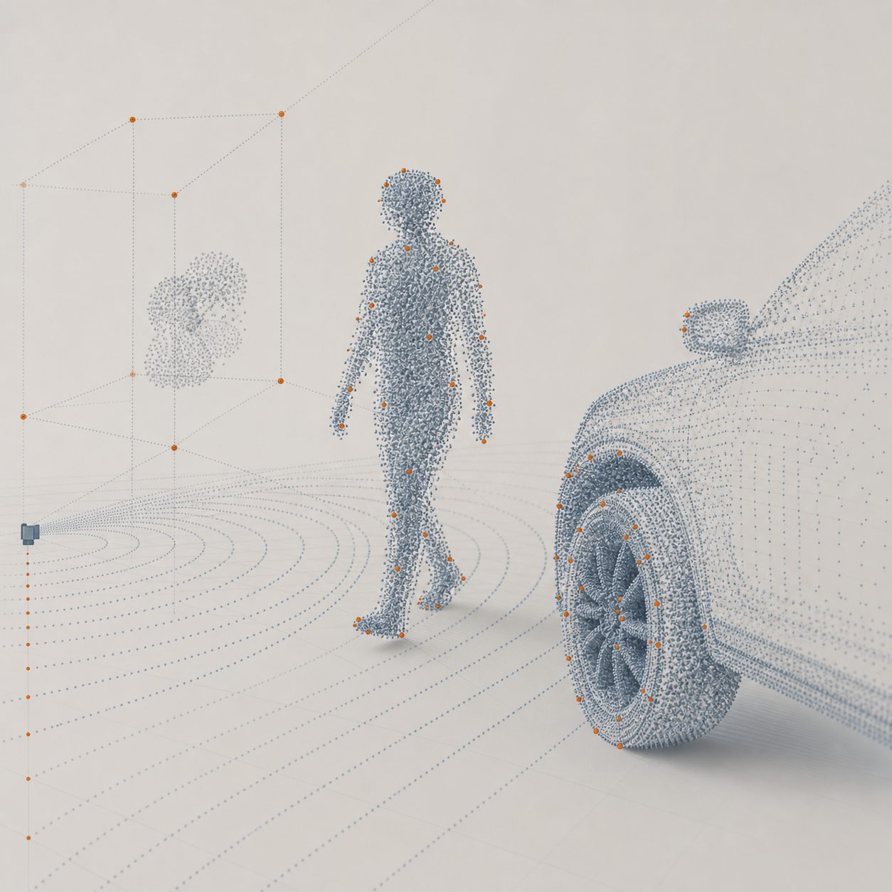 Concept visualization: an abstract 4D point cloud outlining a pedestrian and a vehicle, showing shape rather than a single blip. Illustrative / concept only.